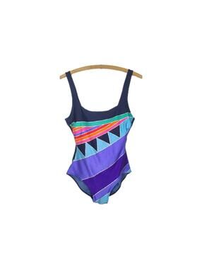 Vtg 70s High Cut Leg One Piece Gottex Swim Suit Blue Colorful 1980s Style 12 S M